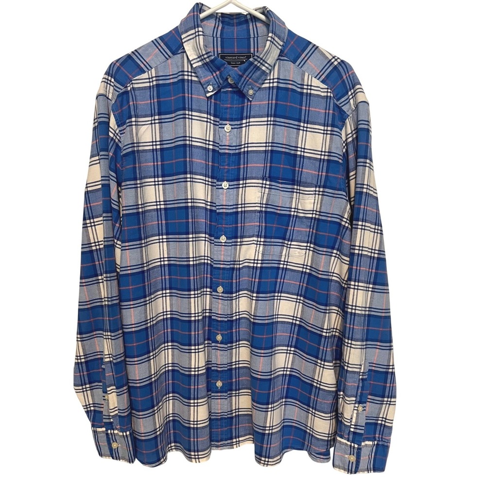 Vineyard Vines Men's XL Button Down Flannel Shirt Blue Plaid Cotton Linen Blend